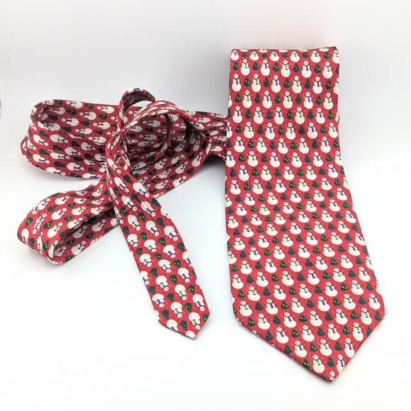 Vintage FN Mens Tie Silk Snowman Christmas Tree Novelty Print Red Made in USA - Picture 3 of 8